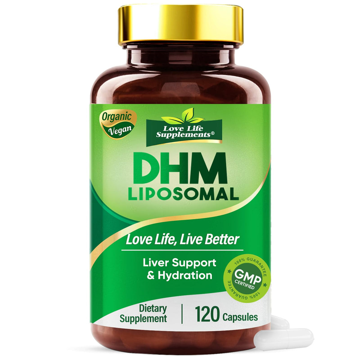 Love Life Supplements DHM, bouteille de 120 gélules, soutien quotidien et hydratation.
