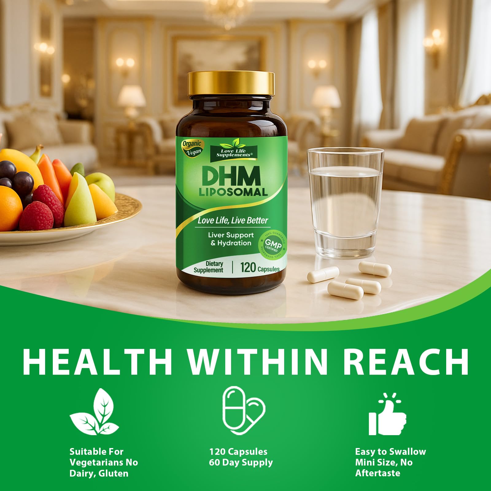 Love Life Supplements DHM, emballage compact pour voyage et emport facile.