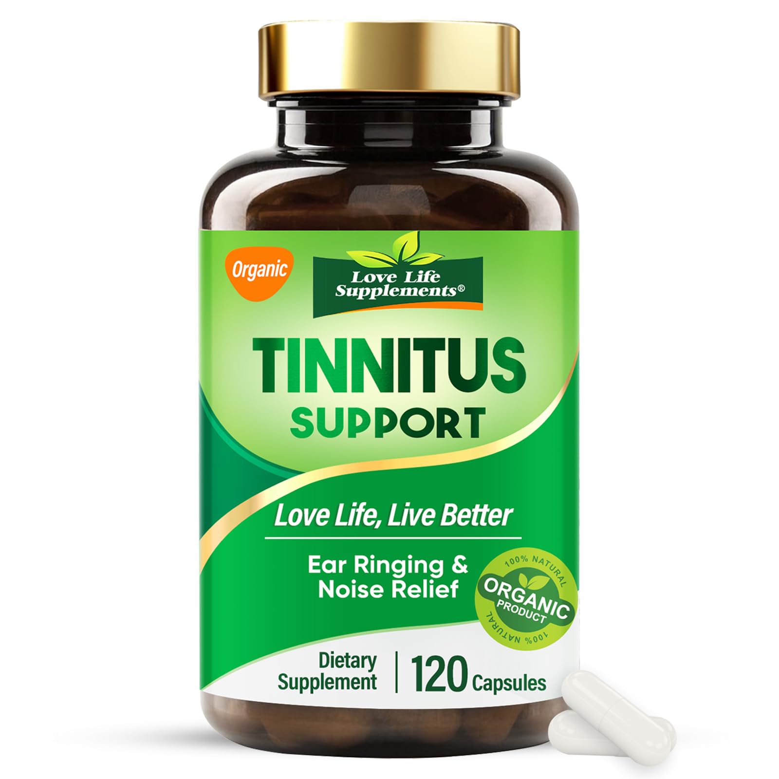 Love Life Supplements Tinnitus Relief - bouteille visible et routine potentielle pour les oreilles
