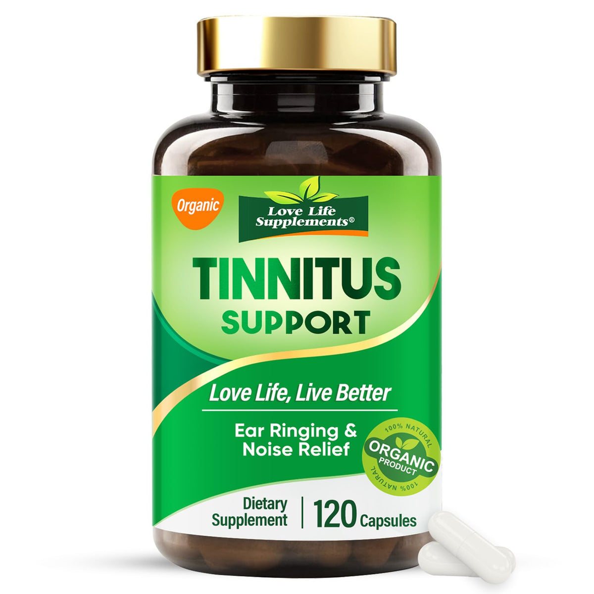 Love Life Supplements Tinnitus Relief - bouteille visible et routine potentielle pour les oreilles