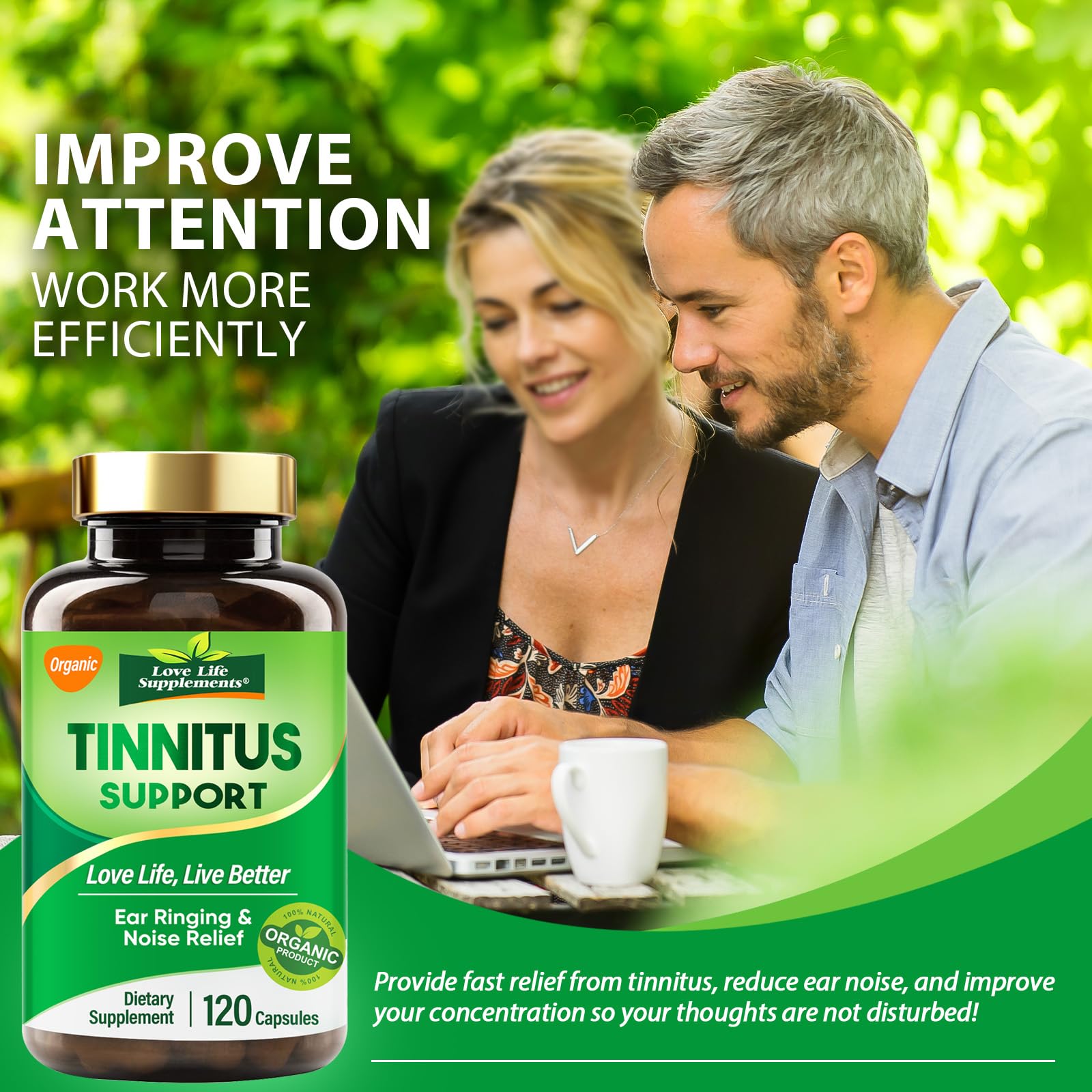 Love Life Supplements Tinnitus Relief - contenant opaque, design apaisant et praticite