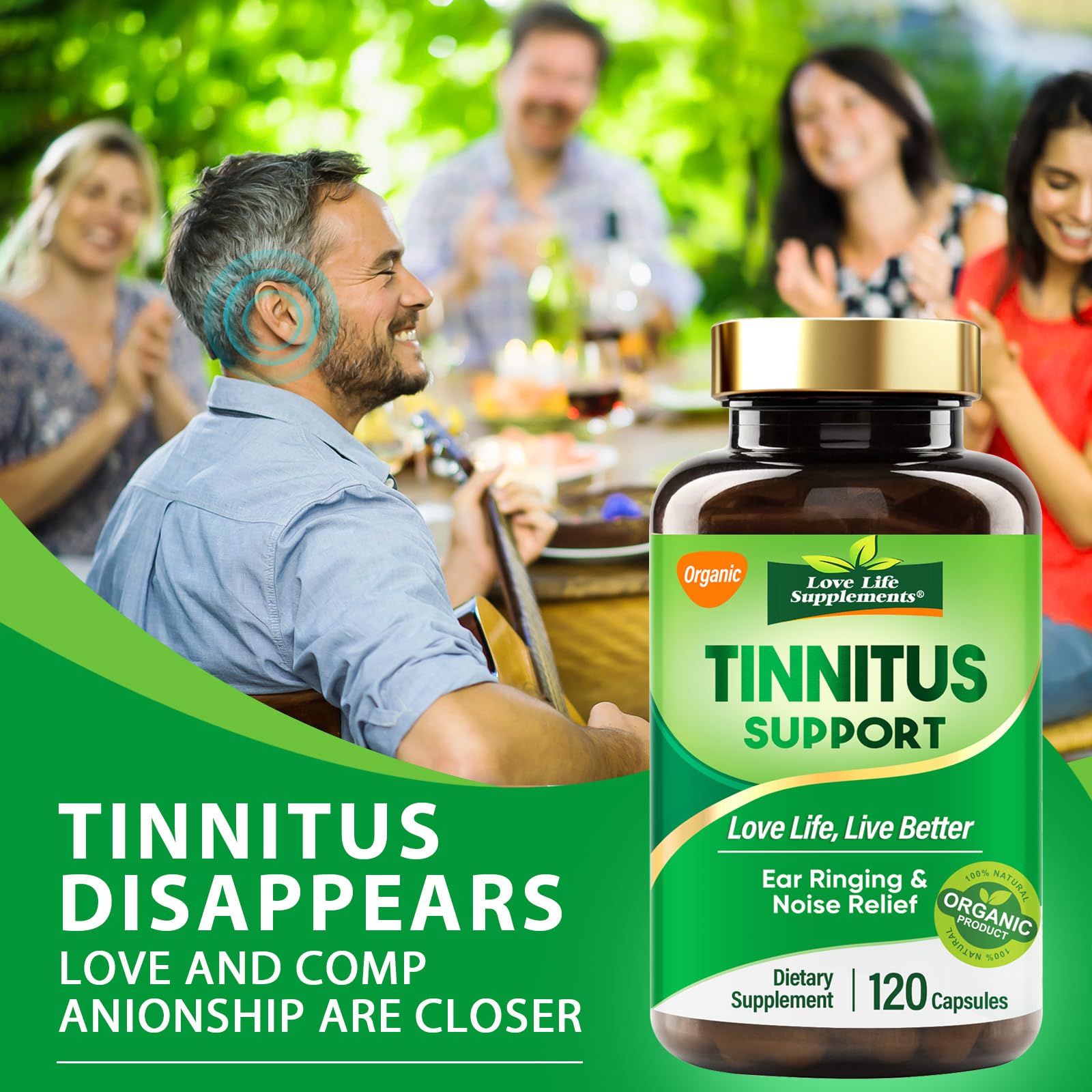 Love Life Supplements Tinnitus Relief - gelules sur fond clair, prise quotidienne possible