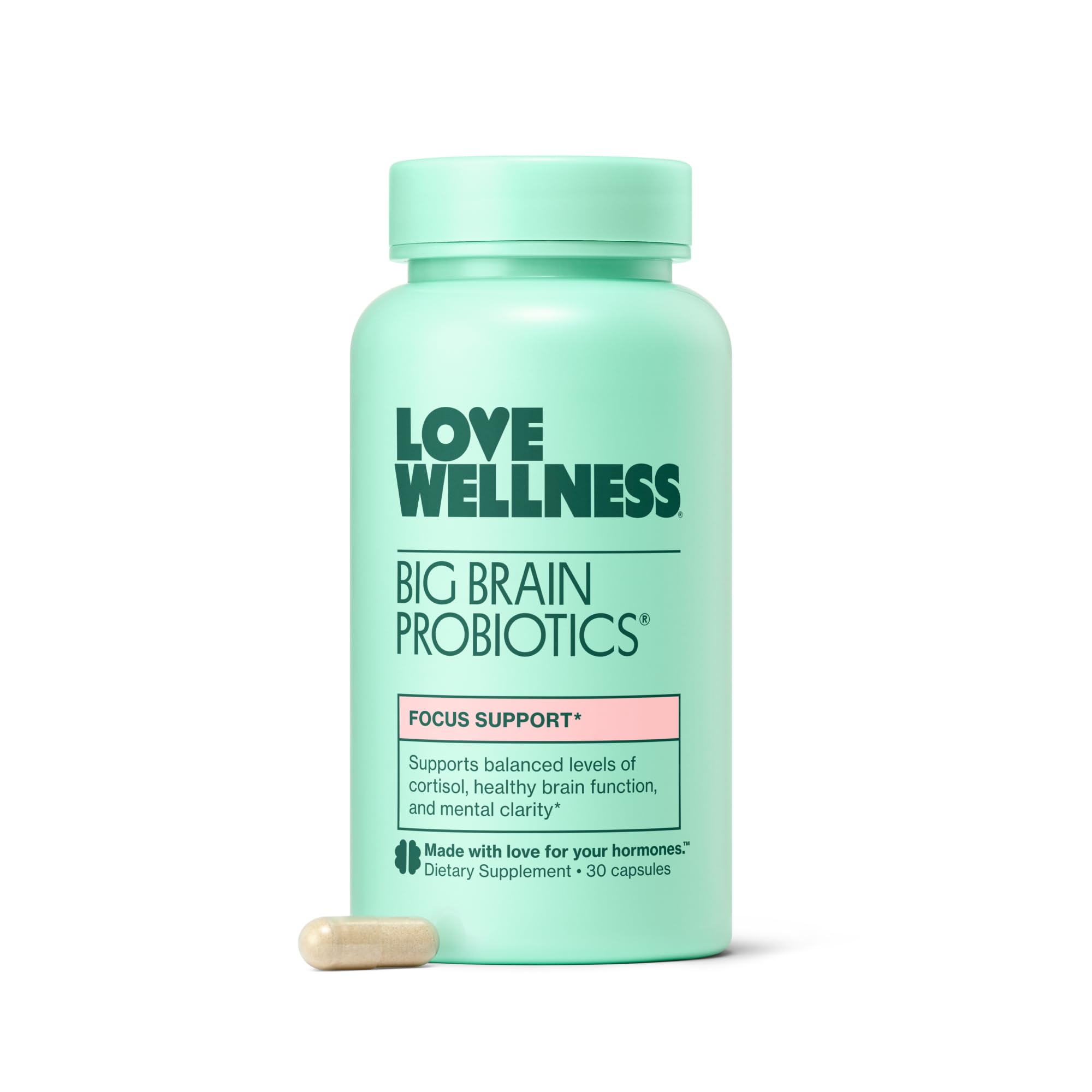 Love Wellness Big Brain Probiotics: bouteille ouverte pour rituel matinal.