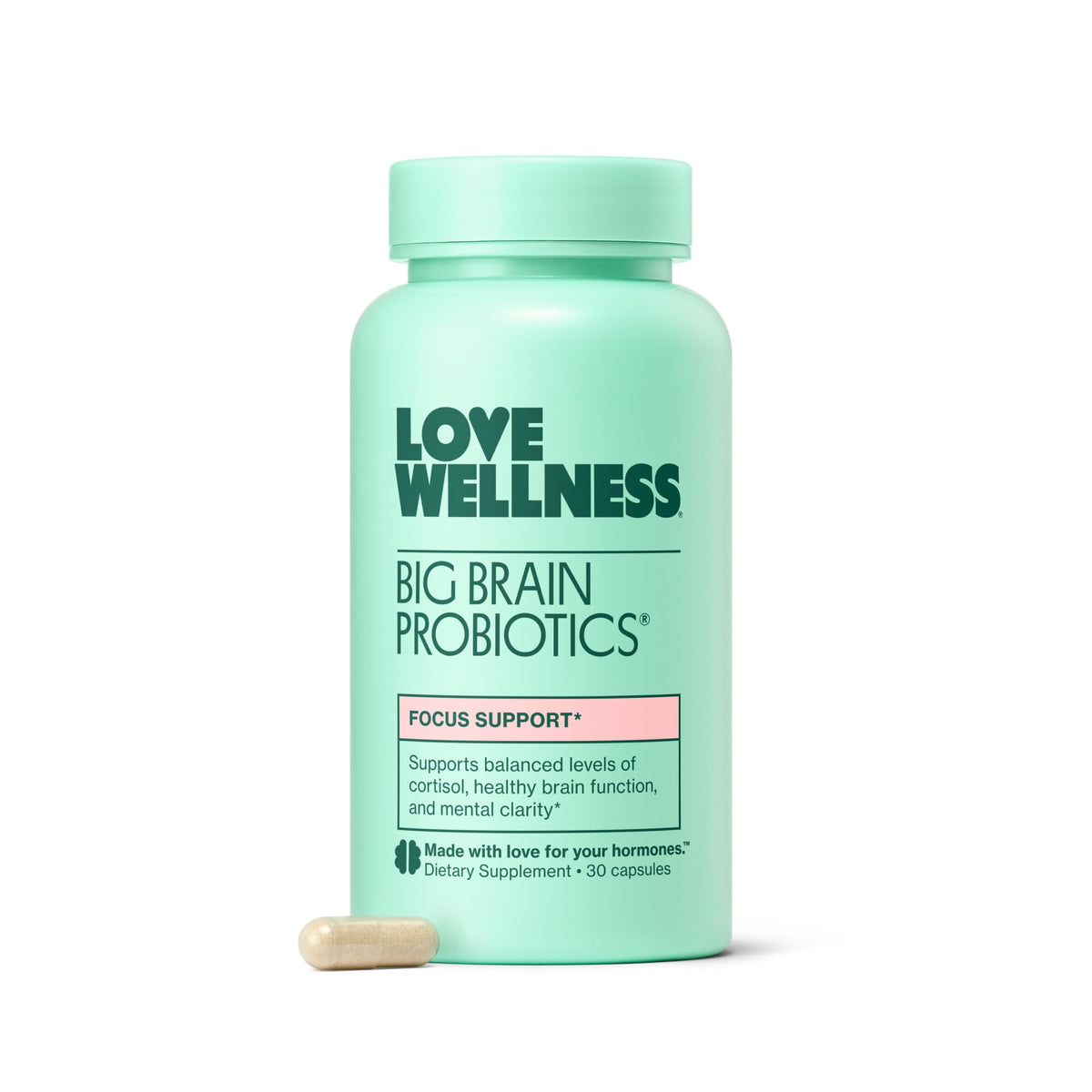 Love Wellness Big Brain Probiotics: bouteille ouverte pour rituel matinal.