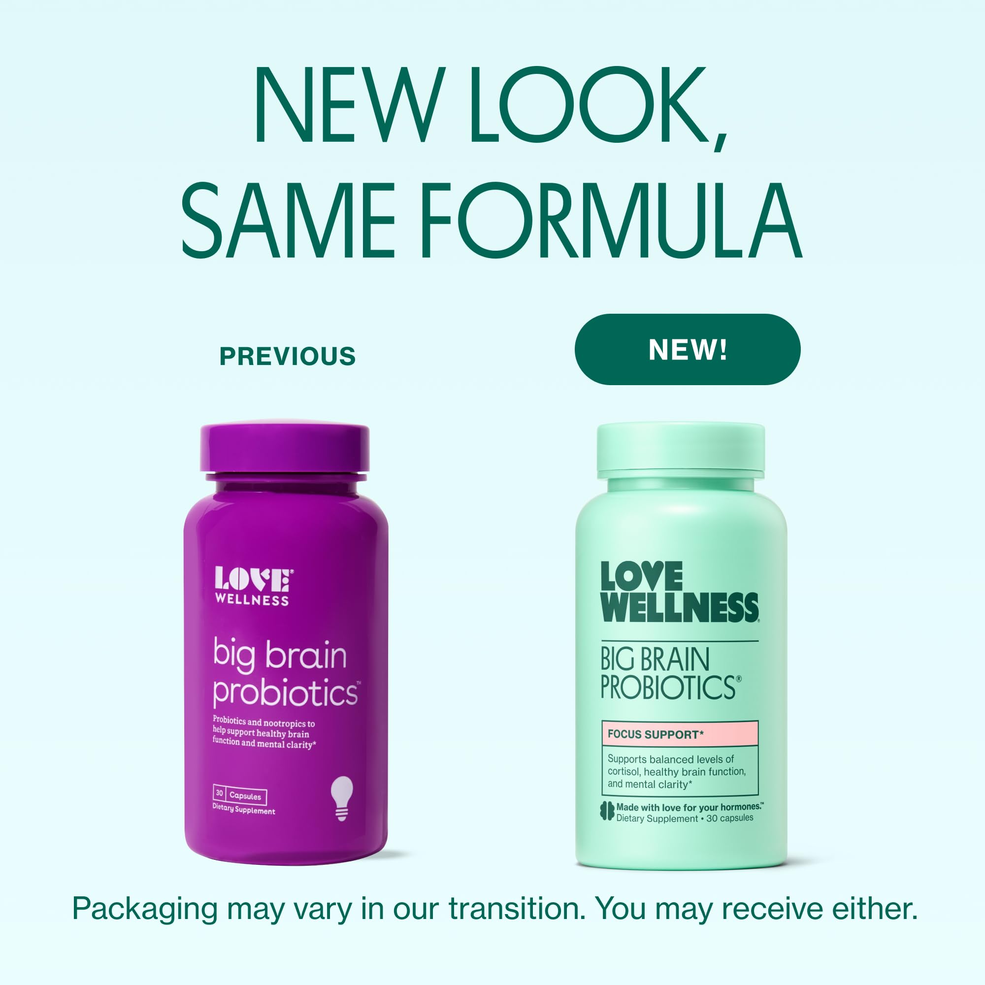 Love Wellness Big Brain Probiotics: capsules en gros plan et ingestion facilitée.