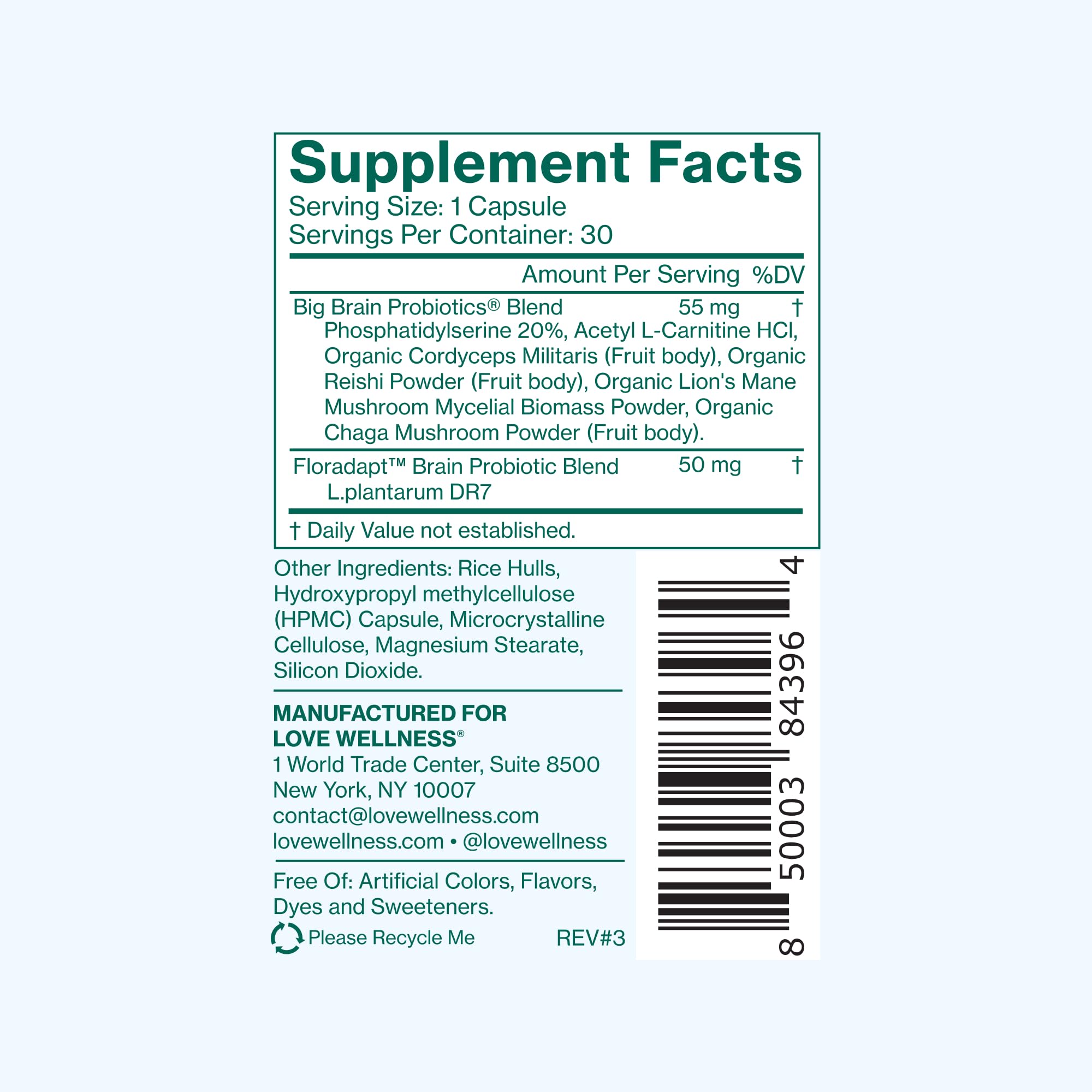Love Wellness Big Brain Probiotics: emballage clair et options véganes sans allergènes.