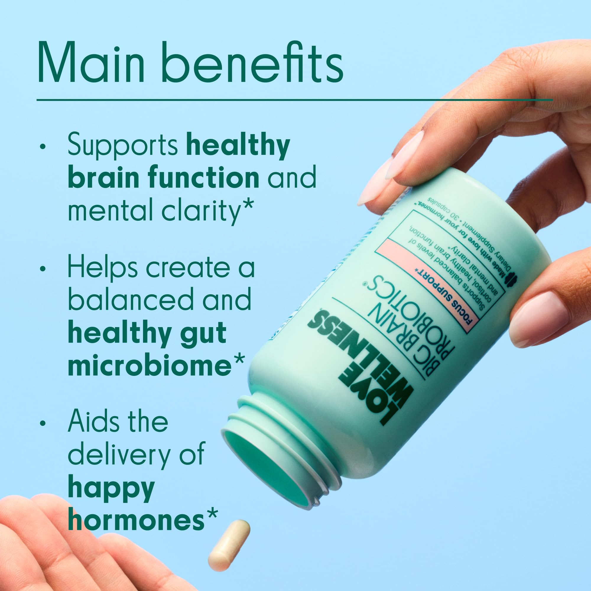 Love Wellness Big Brain Probiotics: étiquette et détails informatifs visibles.