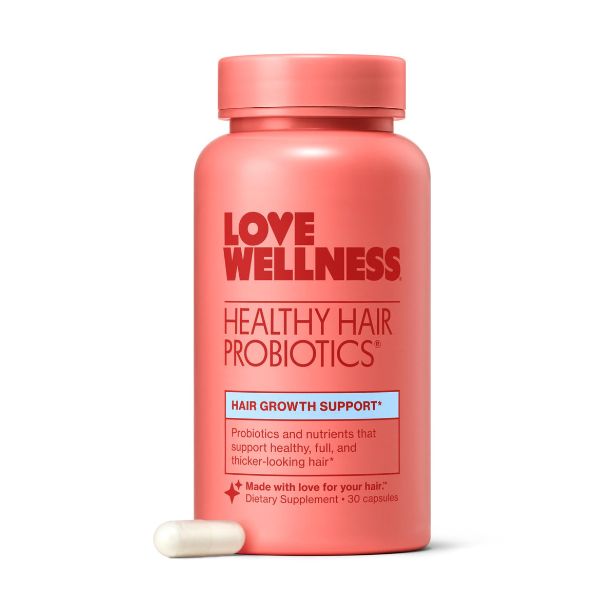 Love Wellness Healthy Hair Probiotics : bouteille avec capsules pour cheveux sains.