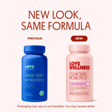 Love Wellness Clear Skin Probiotic, capsule visible, améliore potentiellement la texture de la peau.
