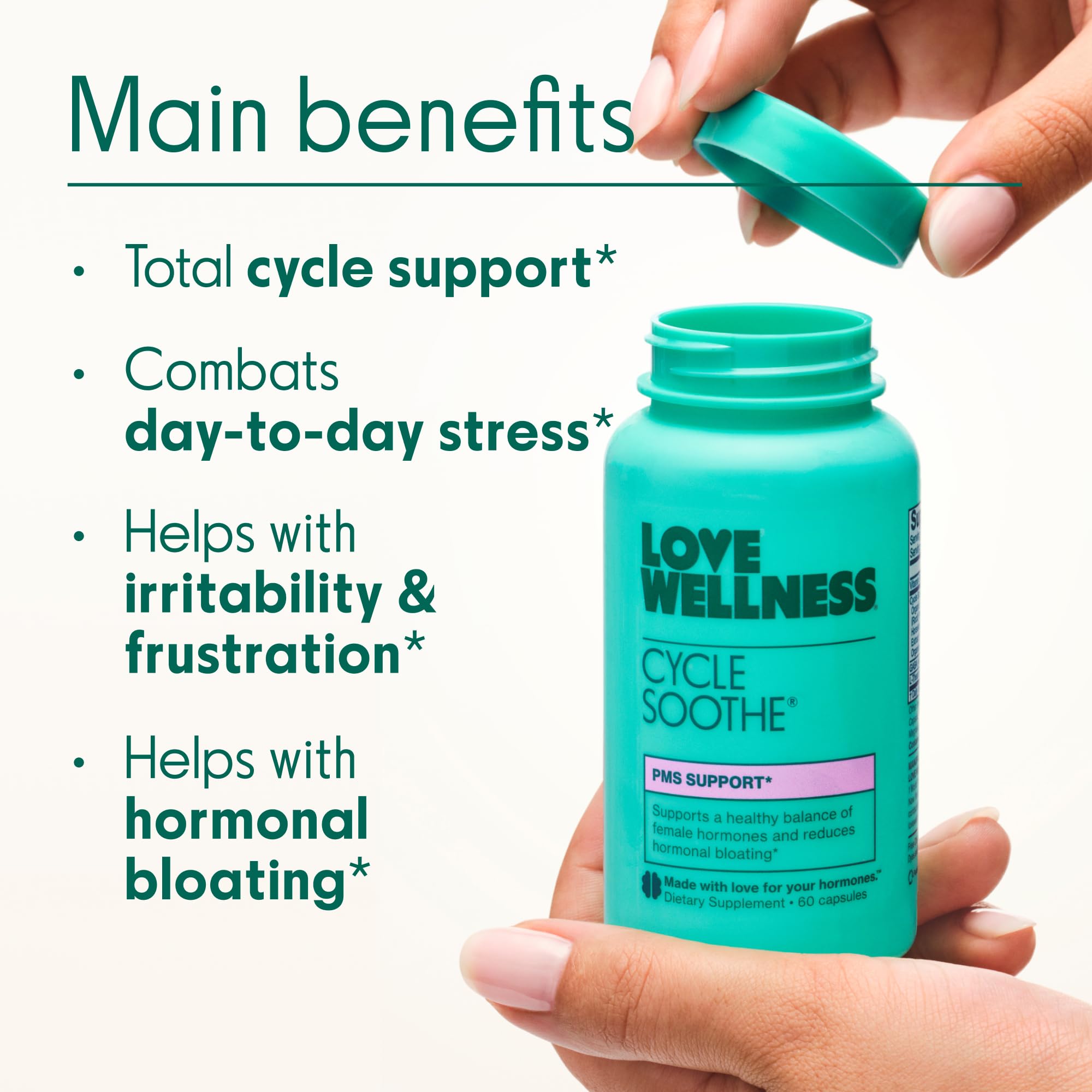 Love Wellness Cycle Soothe — capsules visibles, prise quotidienne facile et pratique