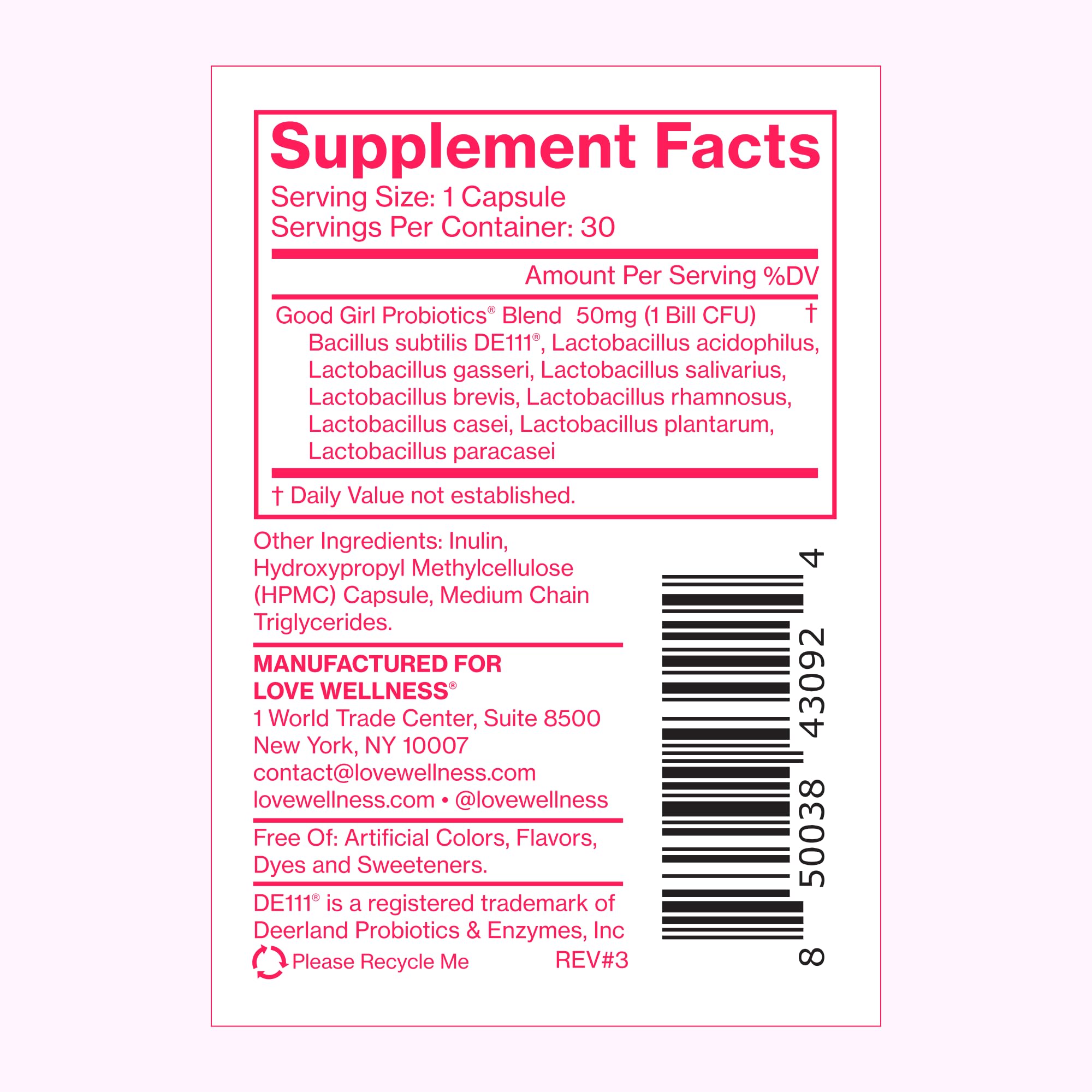 Love Wellness Good Girl Probiotics: étiquette claire et emballage pratique.