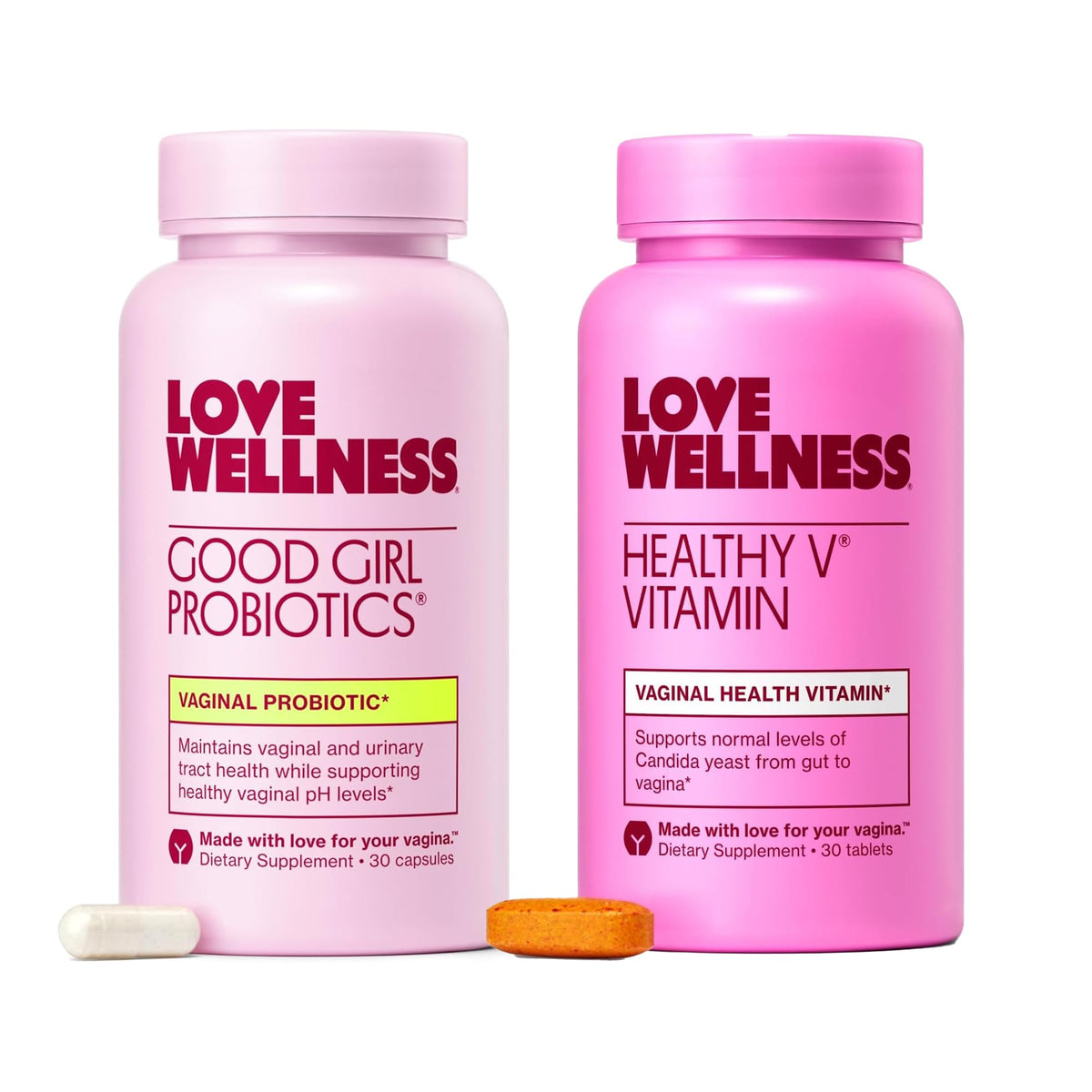 Love Wellness Good Girl Probiotics: bouteille visible, soutient l'équilibre intime.