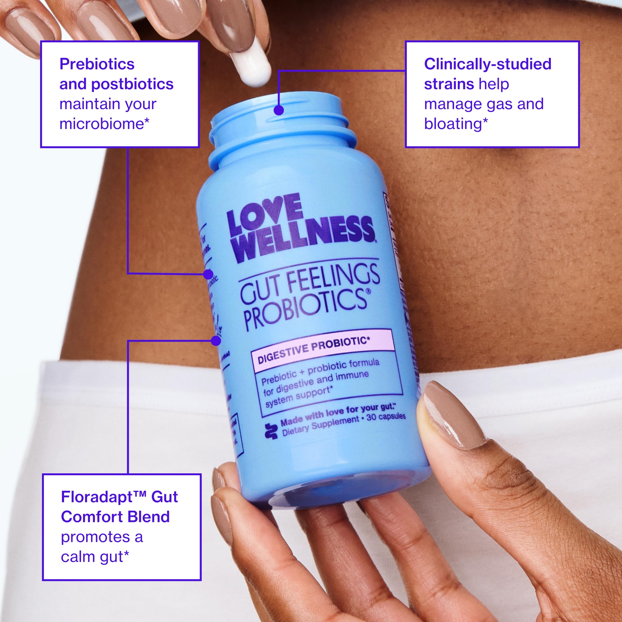 Love Wellness Gut Feelings Probiotique, capsule pratique pour une routine quotidienne.