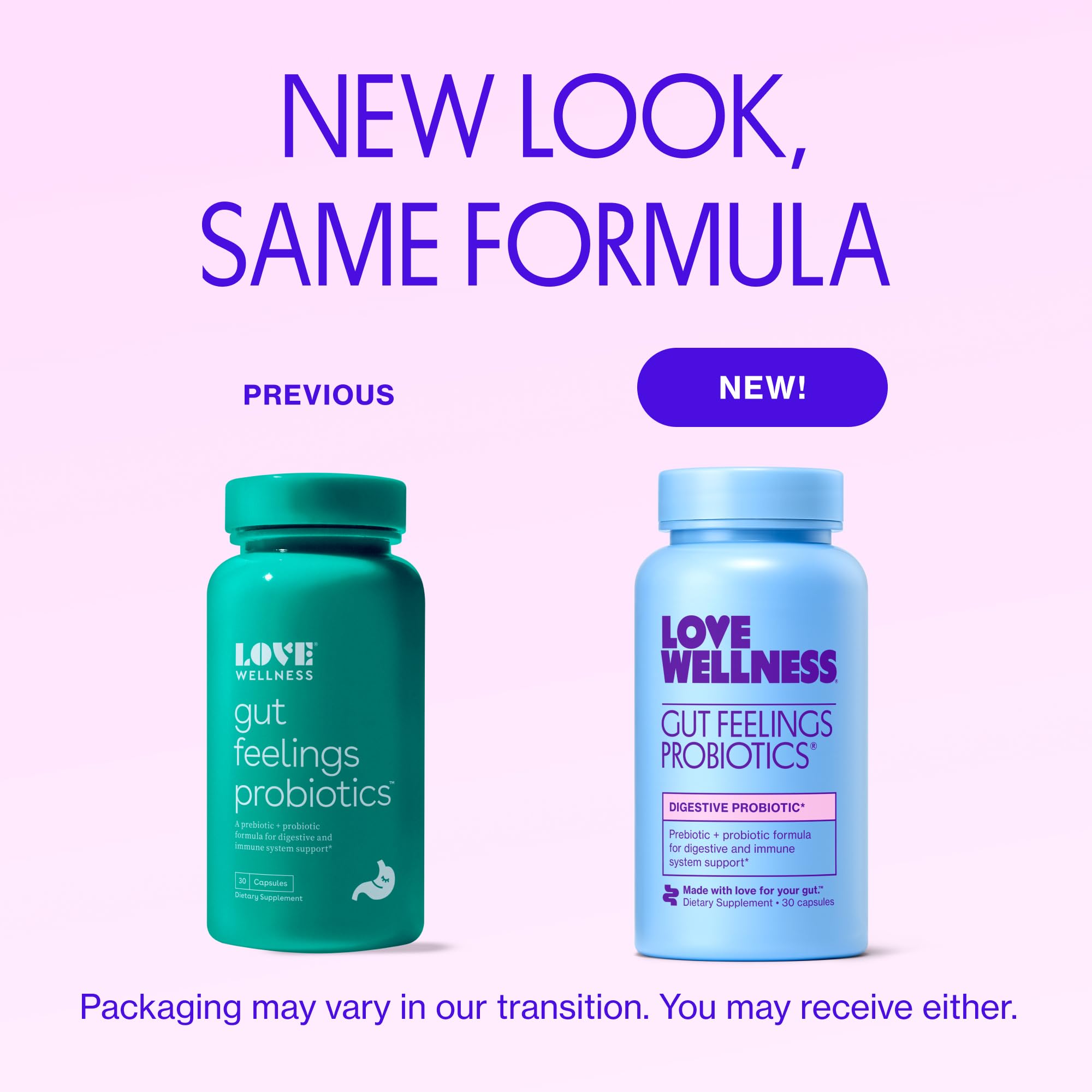 Love Wellness Gut Feelings Probiotique, prébiotiques inclus, favorisant un transit intestinal sain.
