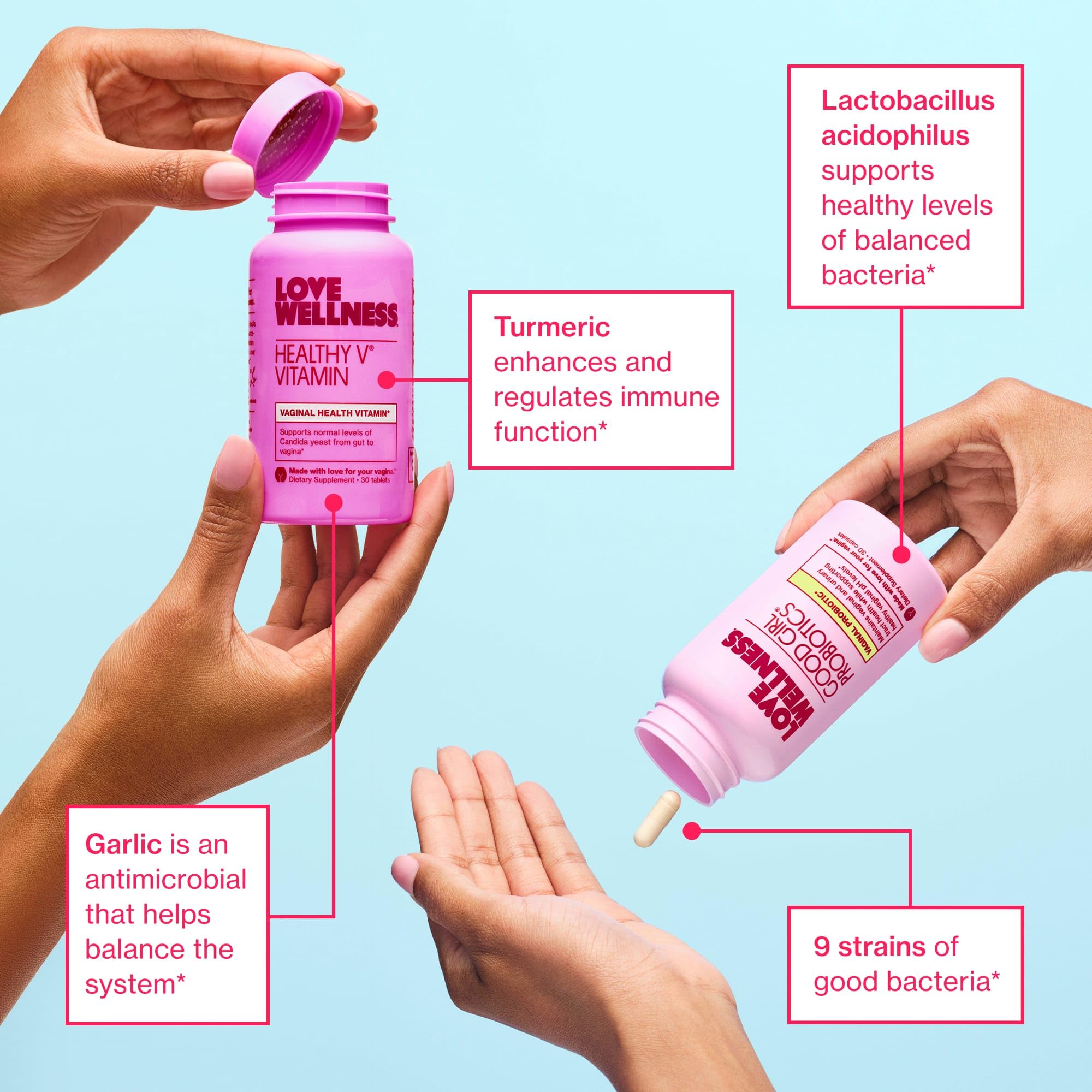 Love Wellness Healthy V Vitamin: ingrédients naturels curcuma et ail.