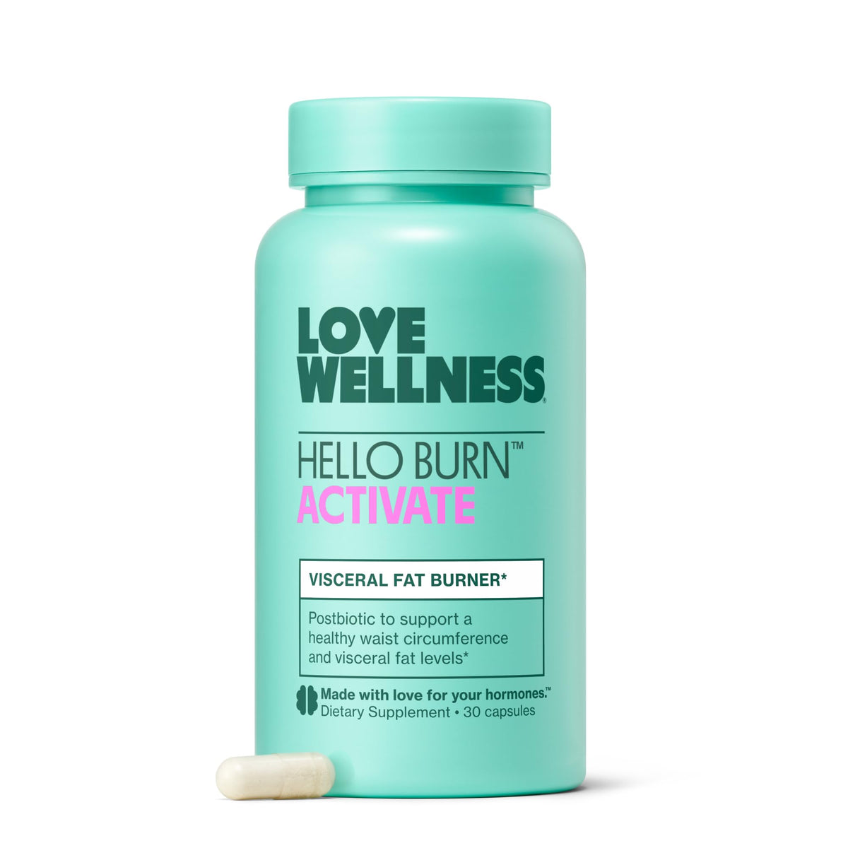 Love Wellness Hello Burn Activate — bouteille de capsules faciles à avaler pour une routine quotidienne.