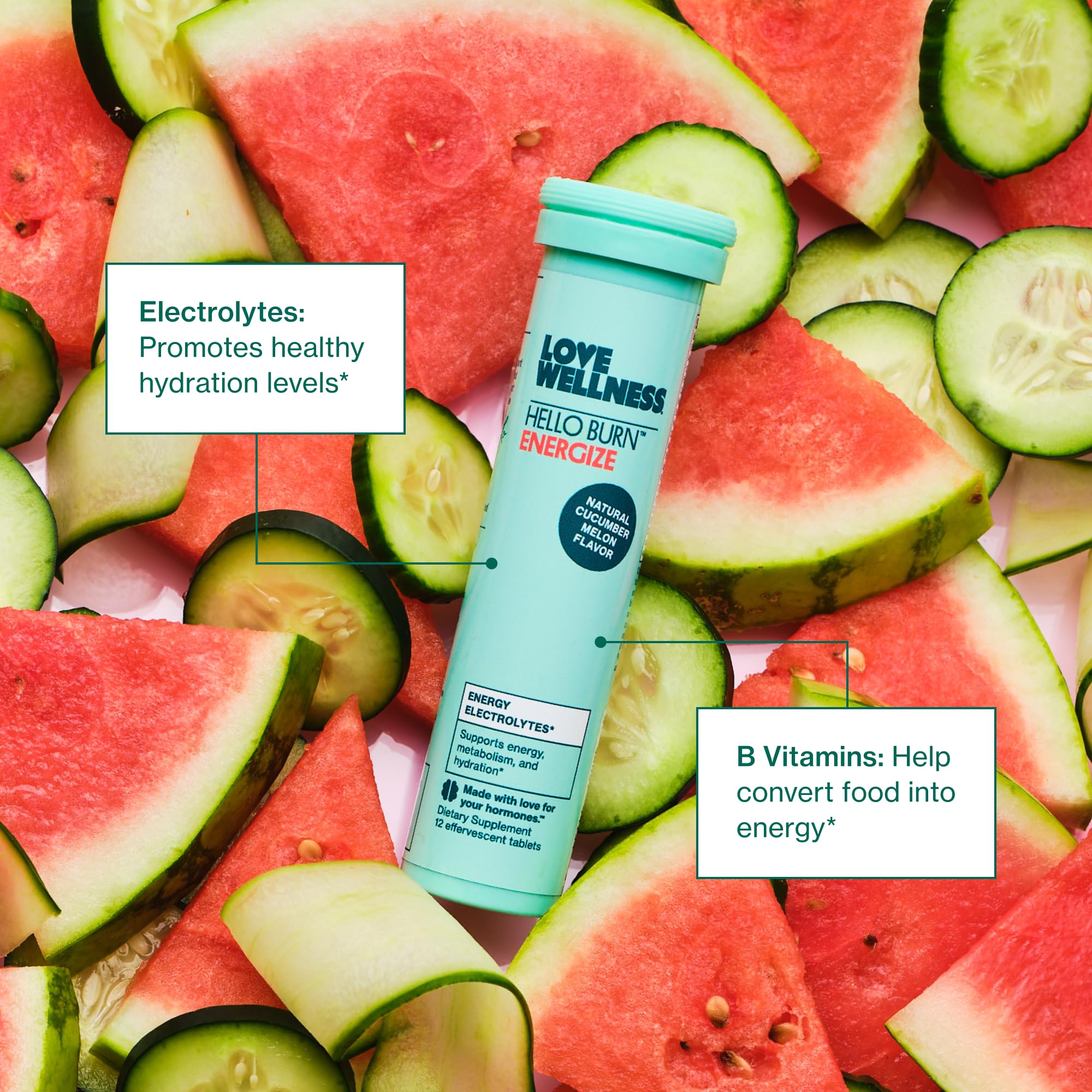 Love Wellness Hello Burn Energize électrolytes pour hydratation durable.