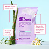Love Wellness, ingrédients Aloe Vera et Camomille visibles sur l'emballage.