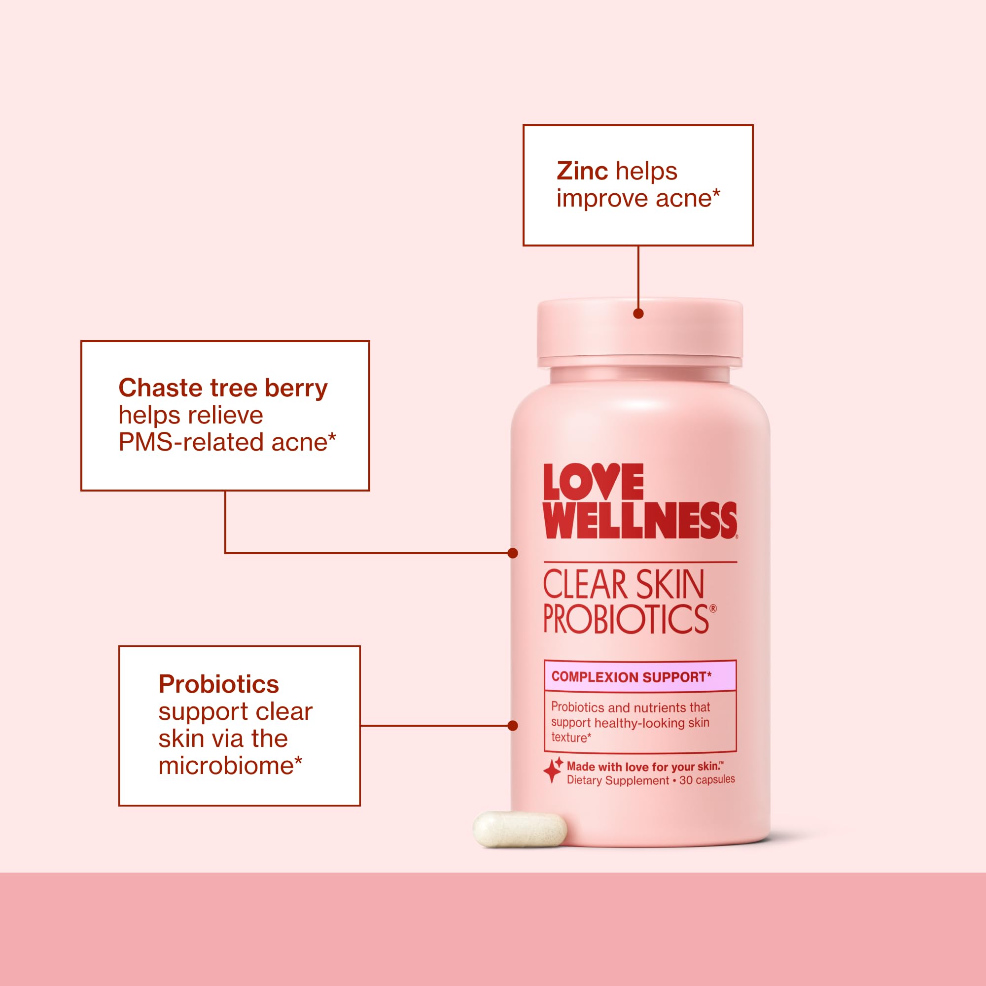Love Wellness Clear Skin Probiotic, flacon, probiotiques pour peau et microbiote.