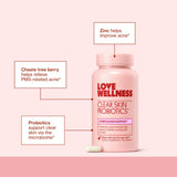 Love Wellness Clear Skin Probiotic, flacon, probiotiques pour peau et microbiote.
