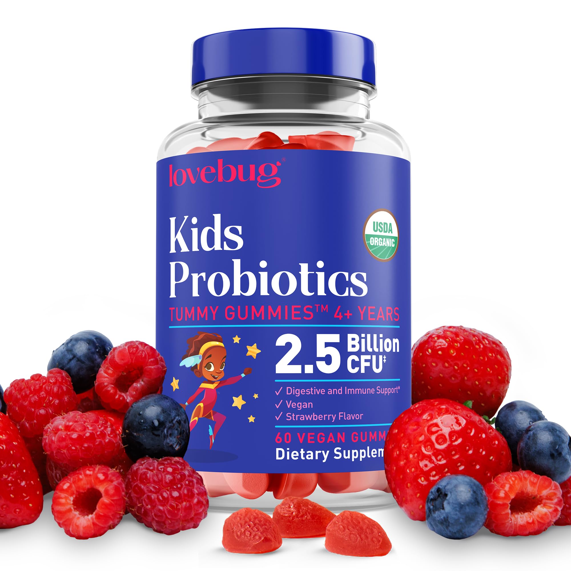 LOVEBUG gummies probiotiques pour enfants – fraise, soutien digestif potentiel.
