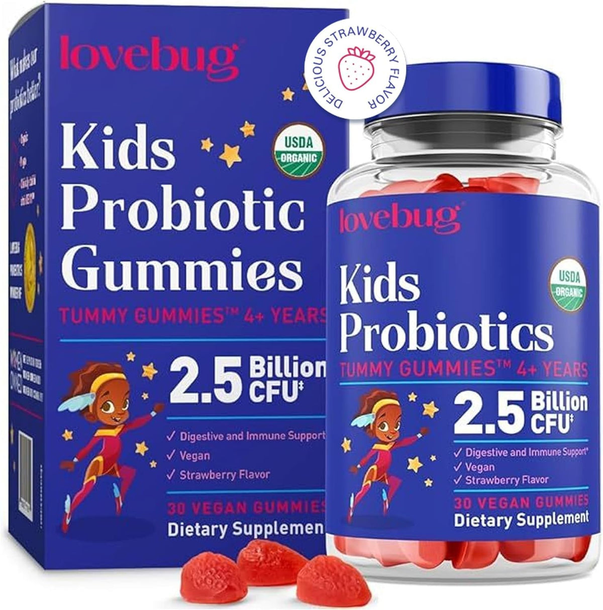 LOVEBUG Gommes probiotiques pour enfants – bouteille pratique favorisant la routine digestive.