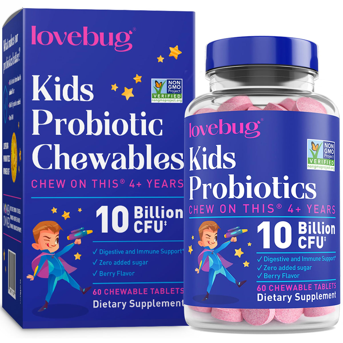 LoveBug emballage gommes probiotiques pour enfants, pratique pour la routine