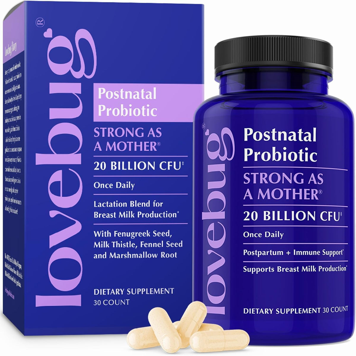 Lovebug Probiotiques postnatales, capsules, potentiel soutien au microbiome maternel et à l'allaitement