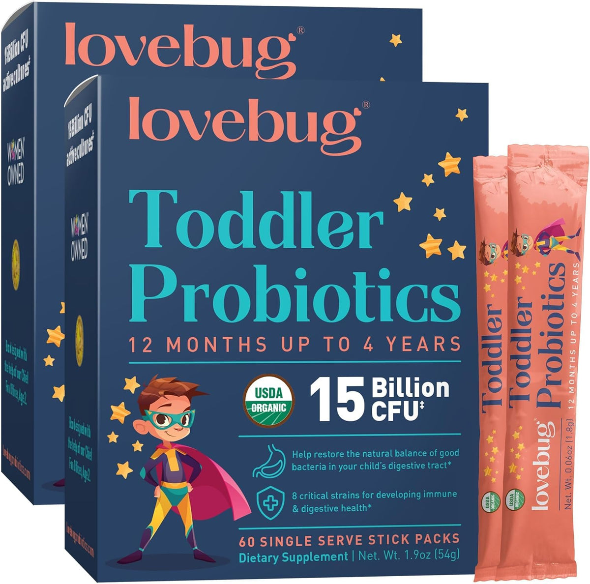 LOVEBUG poudre probiotiques pour enfants de 1 à 4 ans, sans arôme, facile à ajouter au petit-déjeuner.