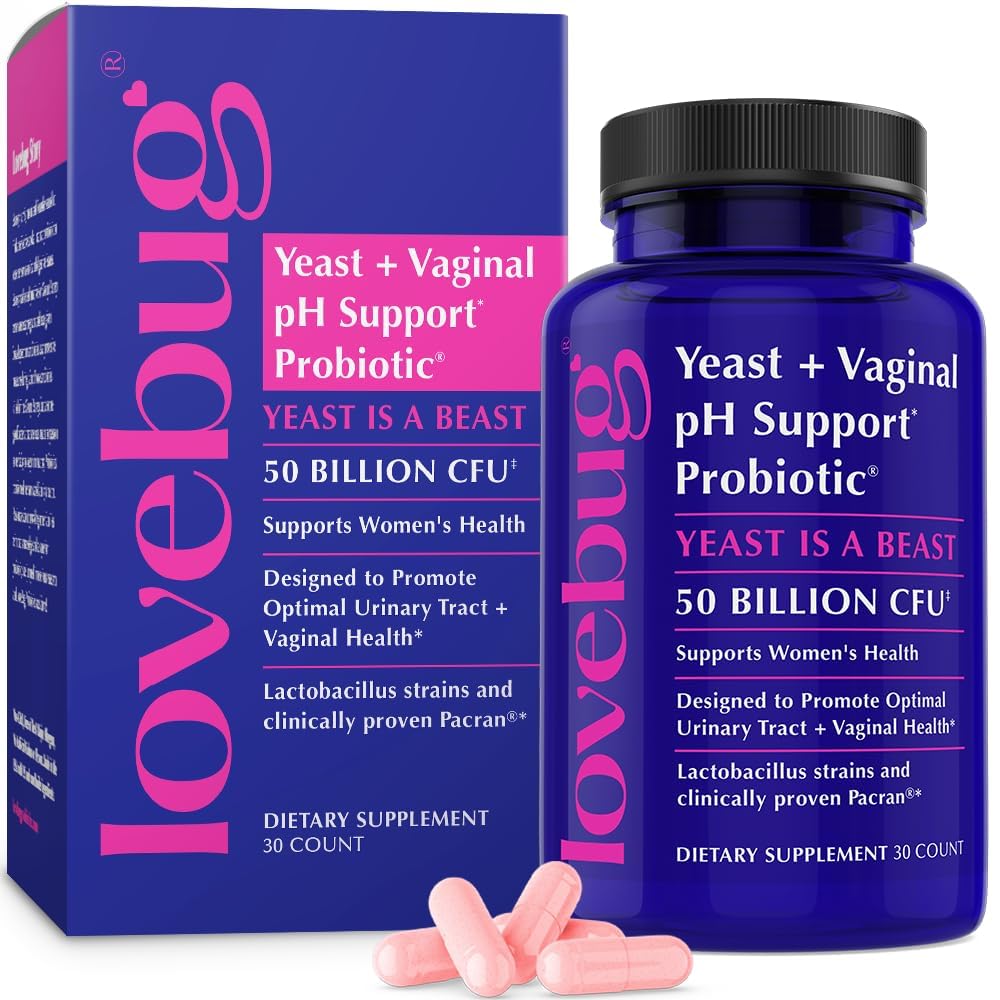 LOVEBUG Probiotics pour femmes – bouteille montrant l'équilibre intime.