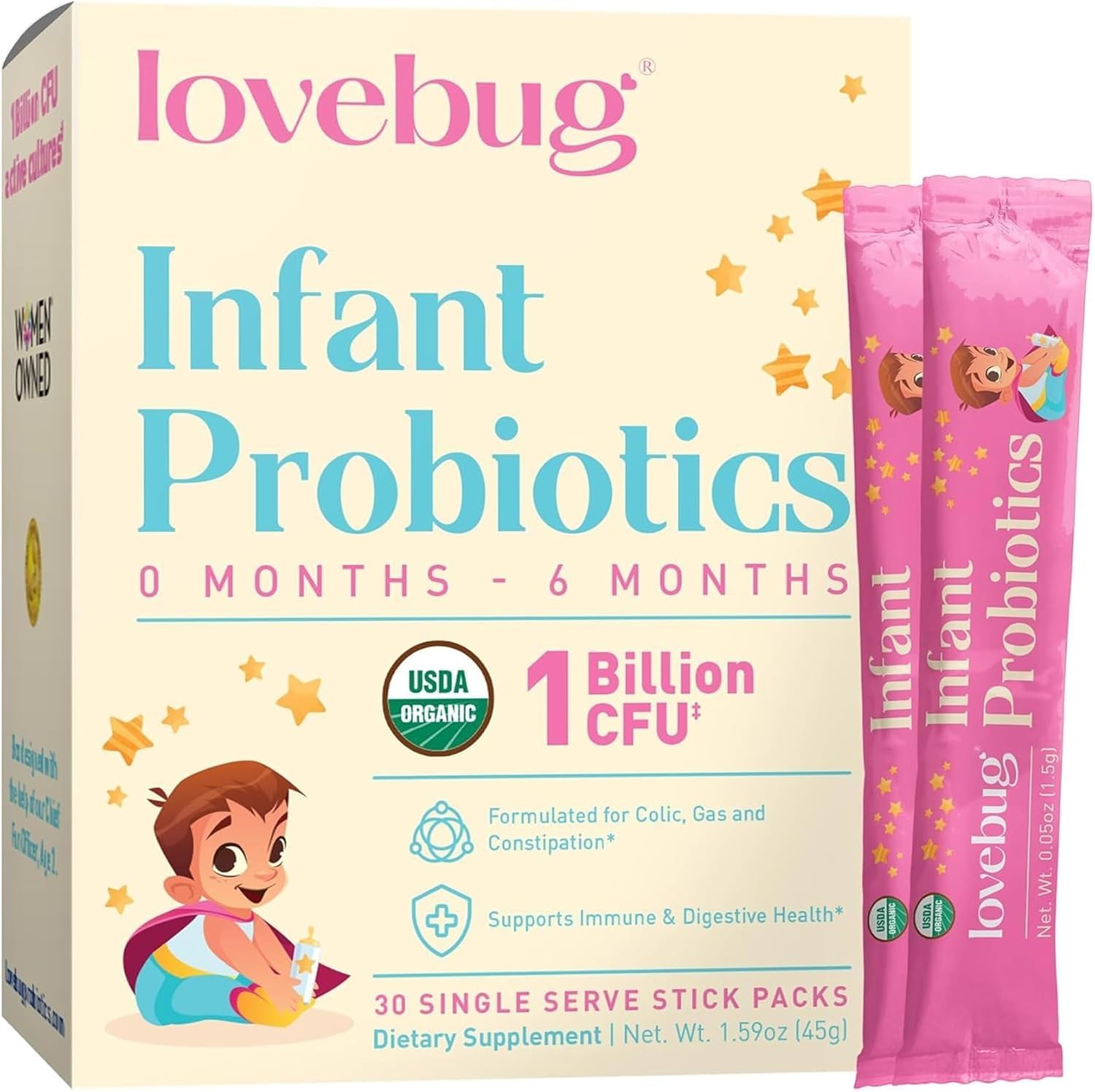 LOVEBUG Probiotiques bébé 0-6 mois, poudre facile à mélanger dans le lait.