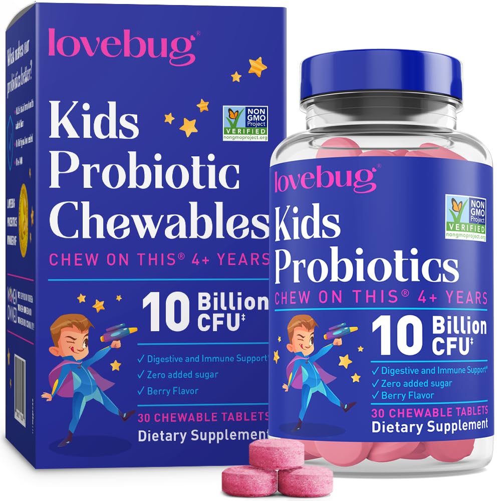 LOVEBUG probiotiques pour enfants, bouteille-framboise, soutien potentiel de l'équilibre intestinal.