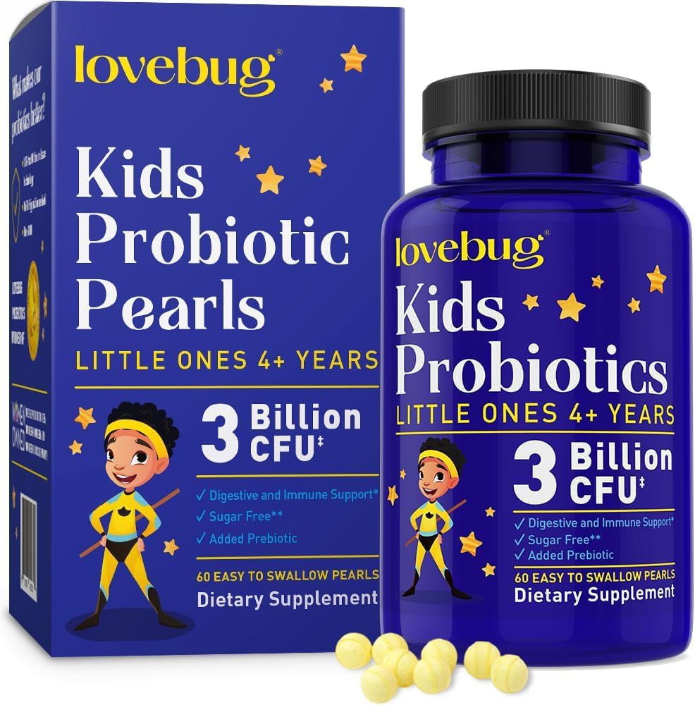 LOVEBUG Probiotiques pour enfants – emballage visible, soutien quotidien de leur flore intestinale.