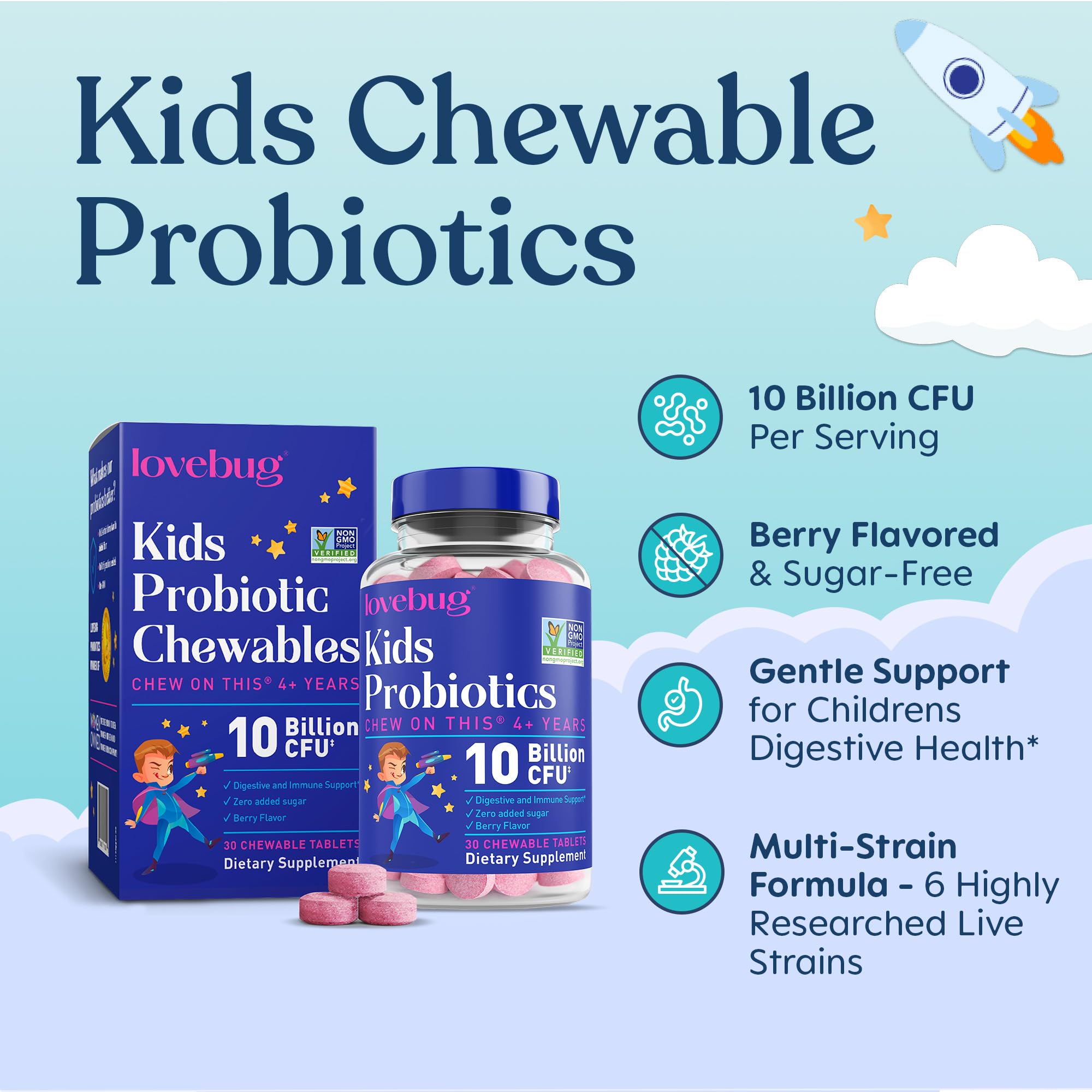 Gommes-framboise LOVEBUG probiotiques faciles à mâcher au quotidien des enfants.