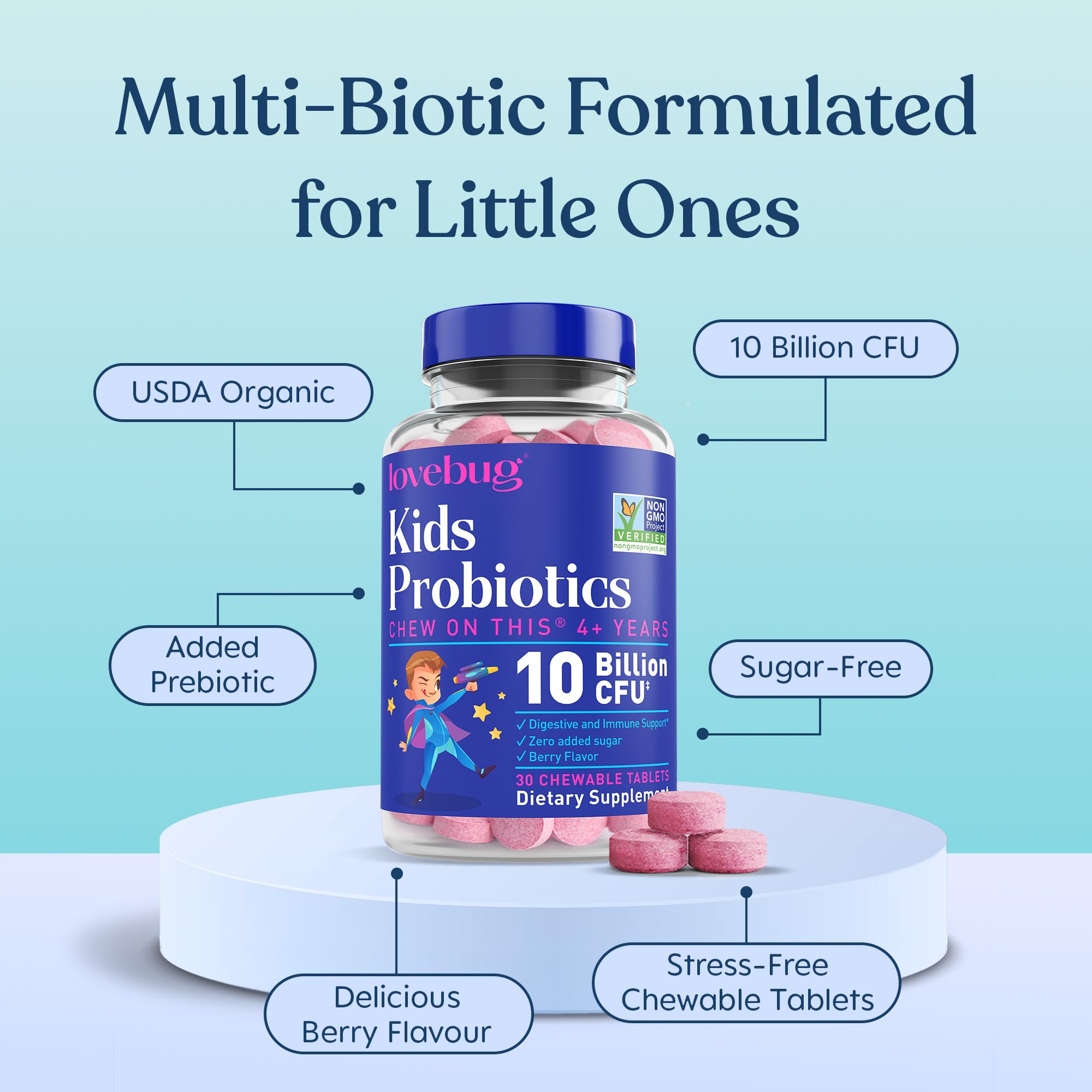 LOVEBUG probiotiques – souches lactobacillus variées pour la digestion des enfants.