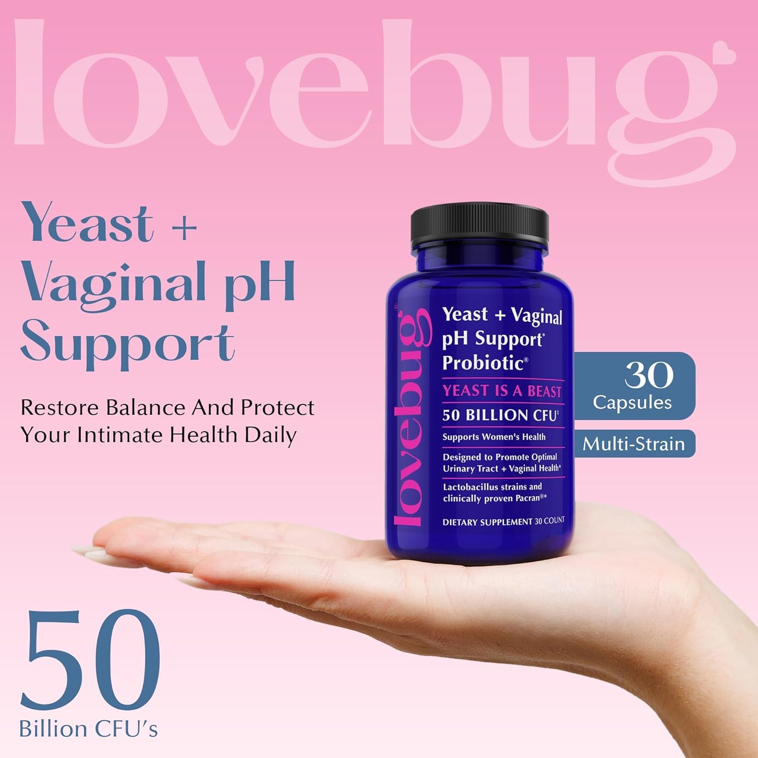 Capsules LOVEBUG Probiotiques pour femmes, pratique pour l'équilibre vaginal.