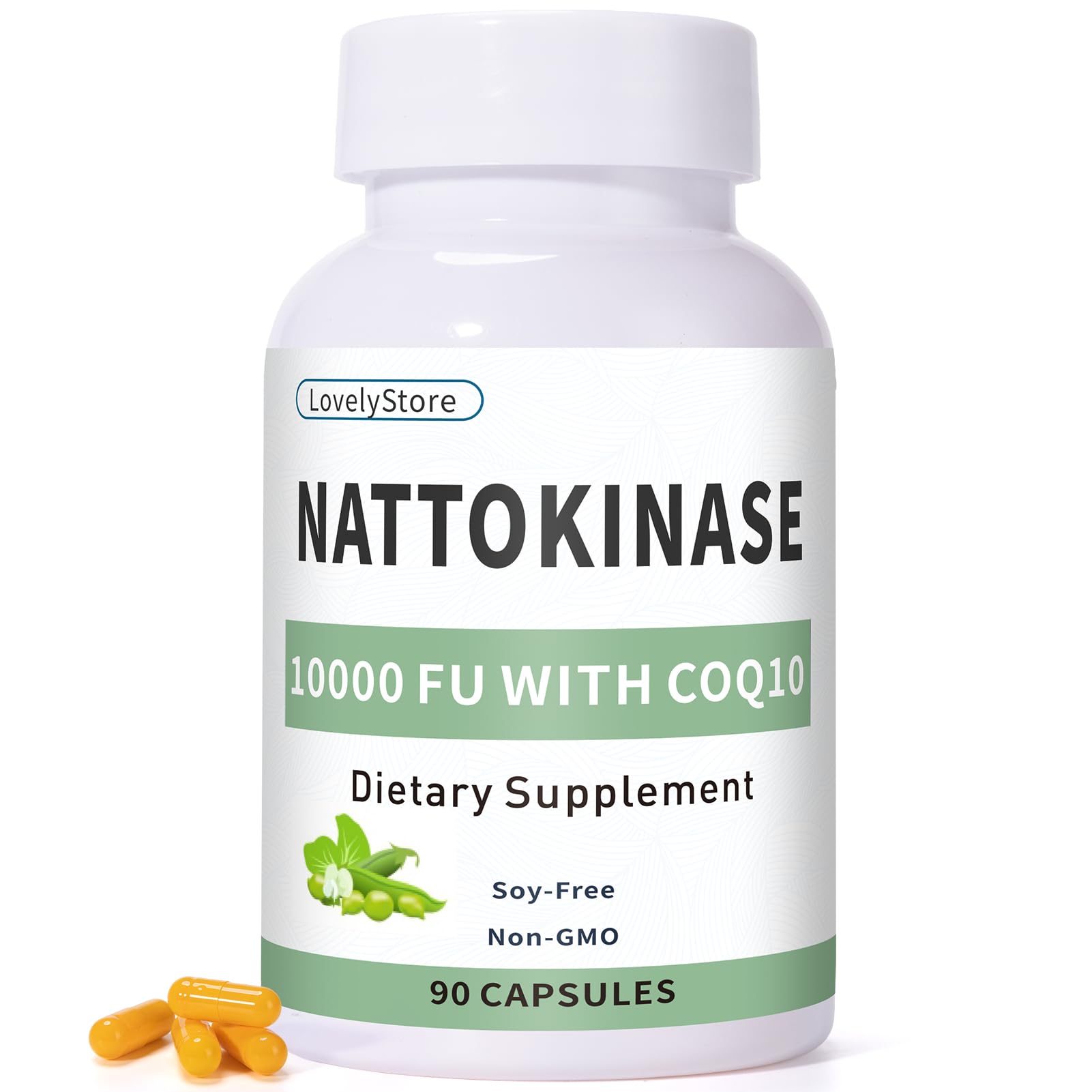 LovelyStore Nattokinase CoQ10 — bouteille montrant l'étiquette et soutien potentiel circulation.