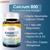 LOVITA calcium citrate 800 mg et magnesium – affichage de la synergie pour l’absorption et le soutien quotidien.