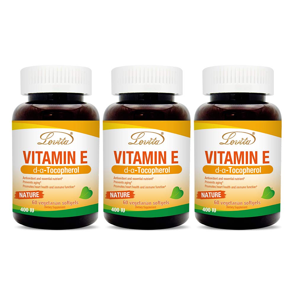 Lovita Vitamine E 400 UI, gelules veganes en bouteille, soutien potentiel de la peau.