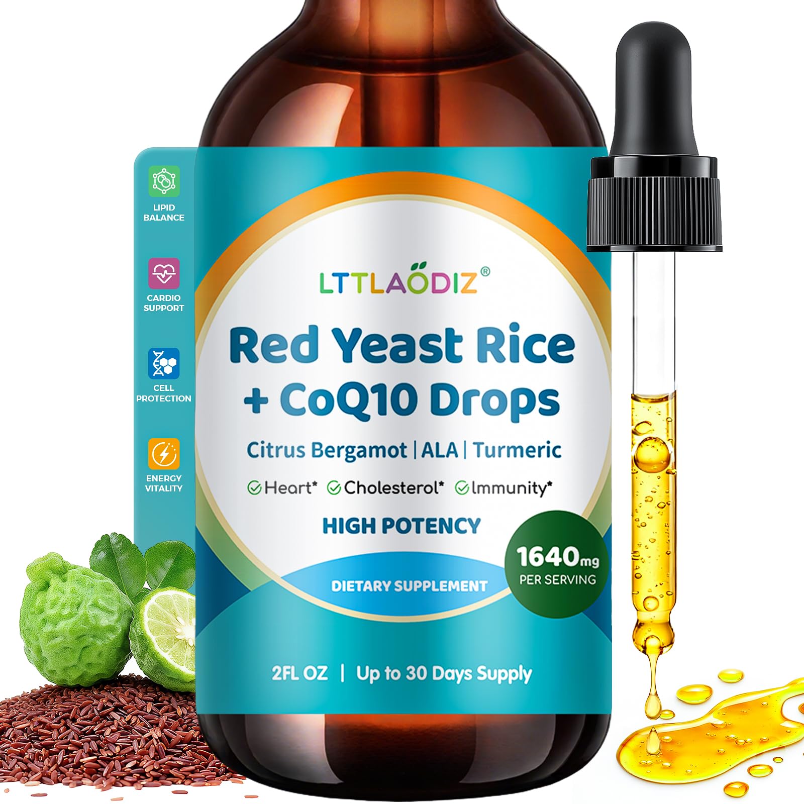 Teinture rouge LTTLAODIZ avec riz rouge et CoQ10 en bouteille.