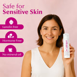 Lubrigyn appliquée sur la zone intime, toucher lisse et confort quotidien.