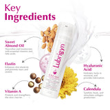 Lubrigyn: huile douce, calendula, acide hyaluronique pour hydratation.