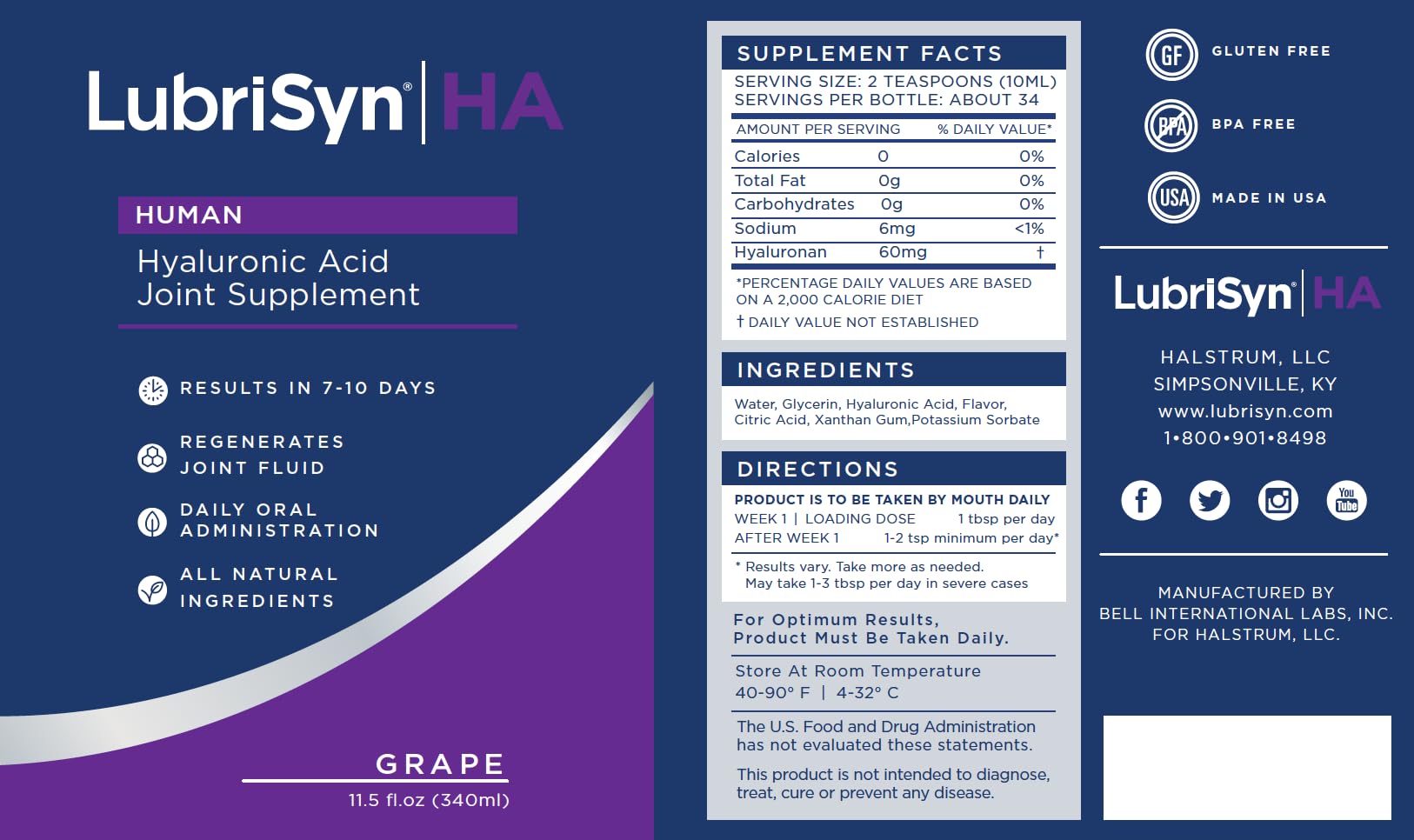 LubrisynHA etiquette-goût-raisin indiquant dosage quotidien et utilisation.