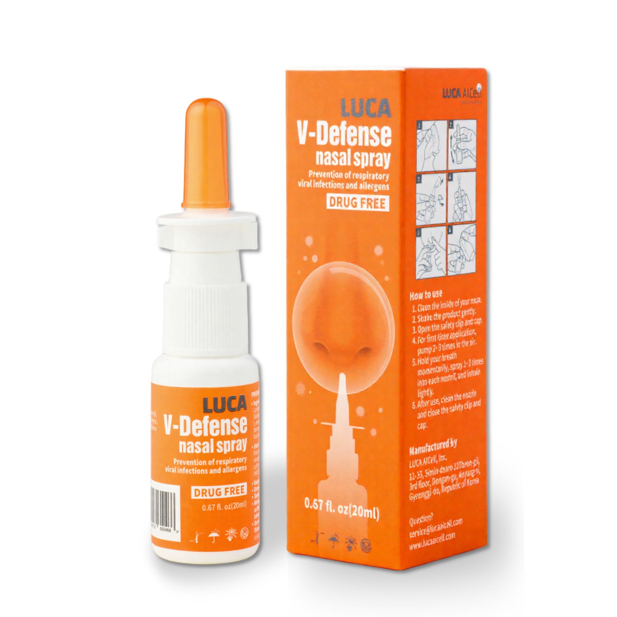 LUCA V-Defense spray nasal en bouteille compacte pour déplacements et respiration facilitée.