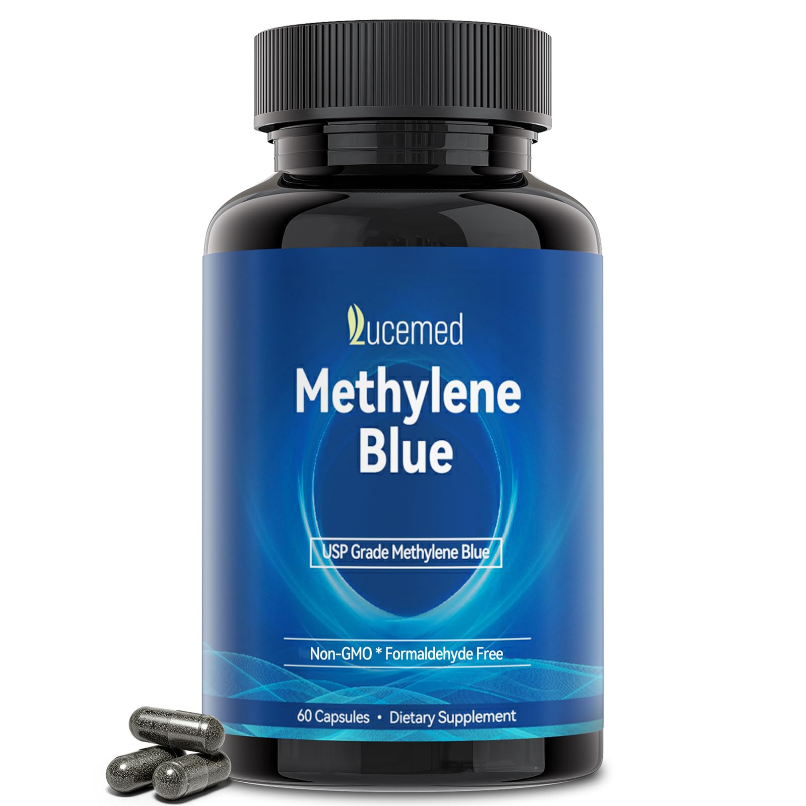 Lucemed Methylene Blue, gelules-bouteille-opaque: énergie stable au quotidien.