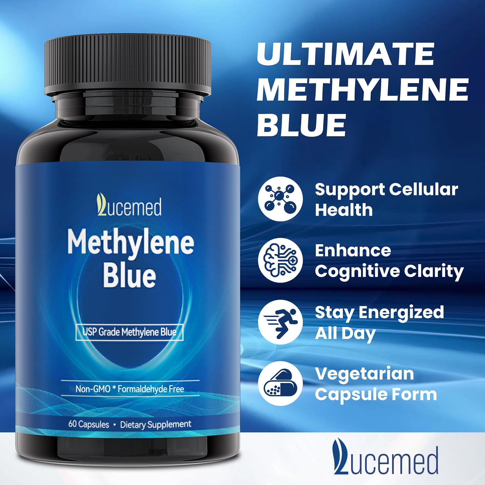 Lucemed Methylene Blue, etiquette claire: absorption facilitée et simplicité d'utilisation.