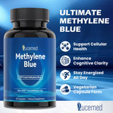 Lucemed Methylene Blue, etiquette claire: absorption facilitée et simplicité d'utilisation.