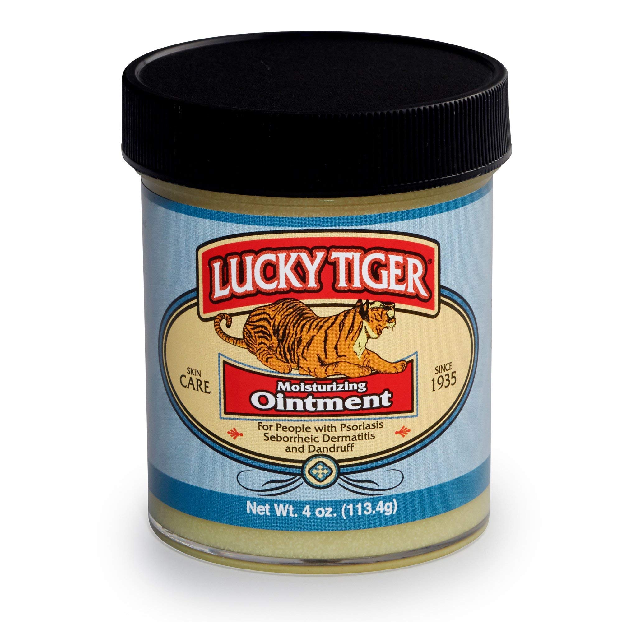 Pommade hydratante Lucky Tiger dans un pot, action nourrissante pour peau sèche et irritée.