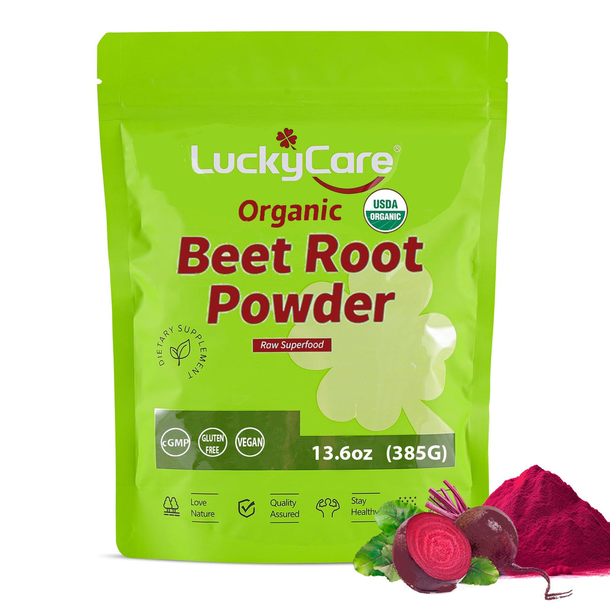 Luckycare Betterave Poudre Bio 385g prête à être ajoutée dans vos smoothies.