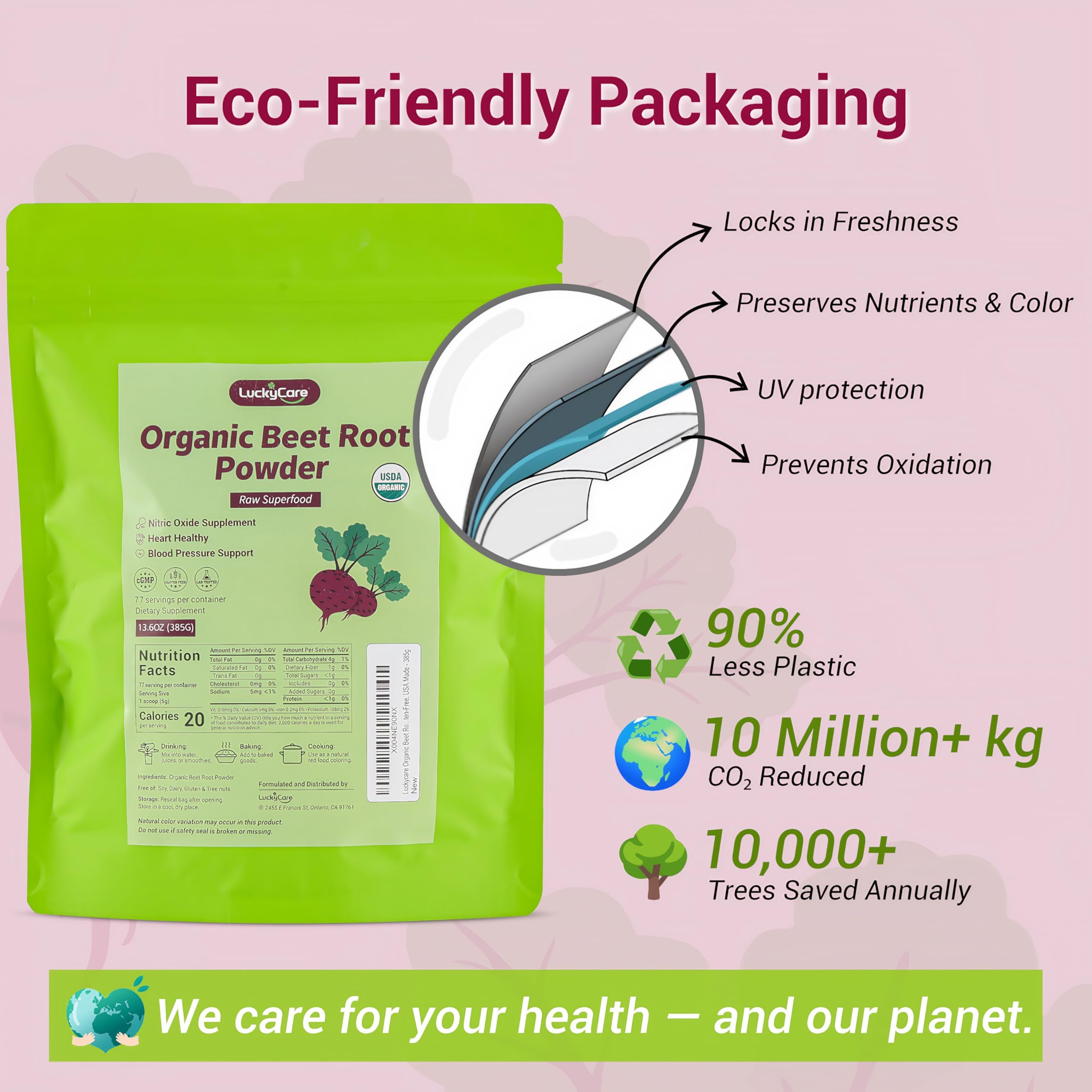 Luckycare Betterave Verre Eau Poudre, dissolution rapide sans grumeaux pour une hydratation facile.